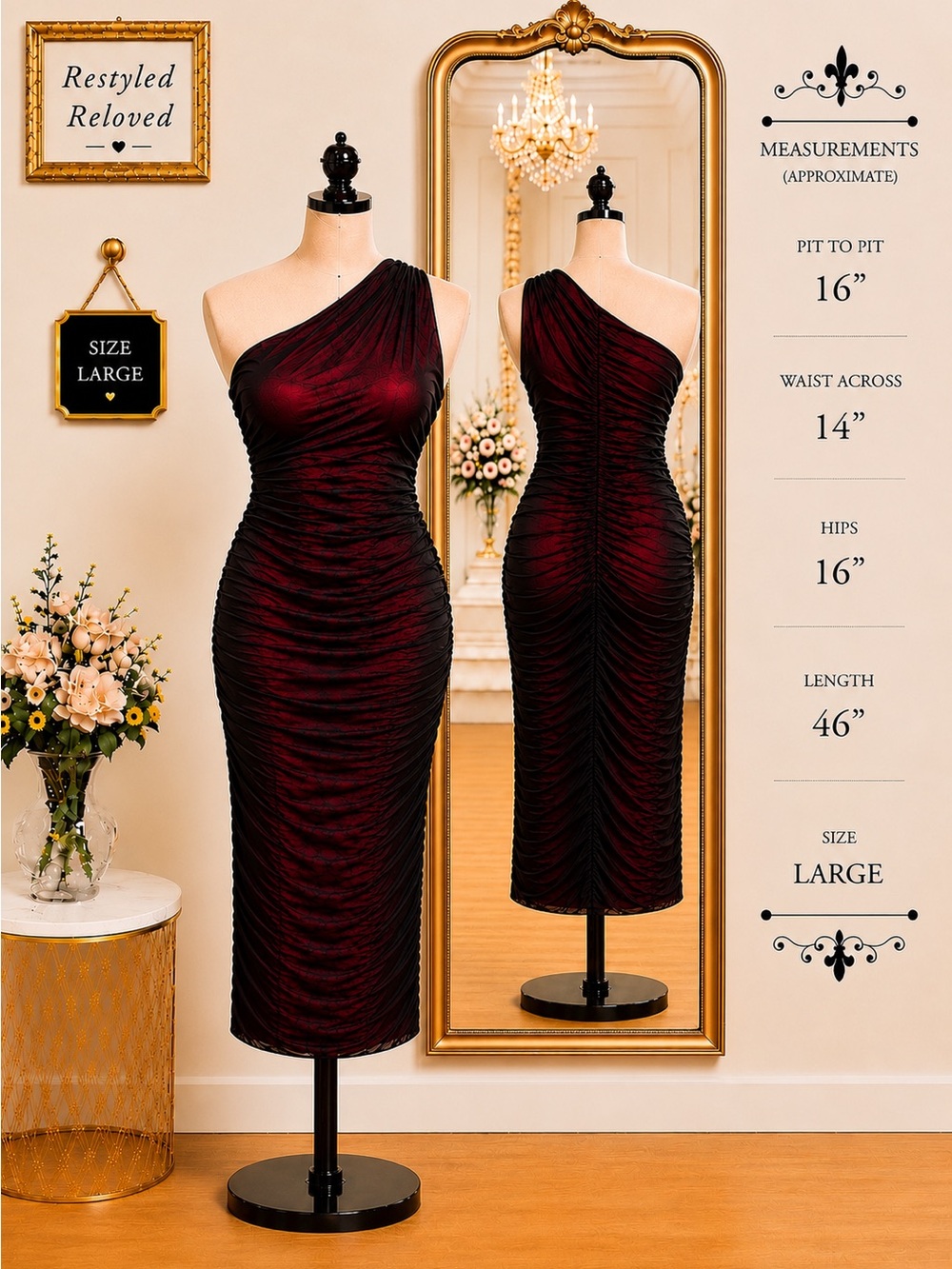 OYS One Shoulder Ruched Mesh Overlay Bodycon Midi Dress Black/Red Size Large NWT